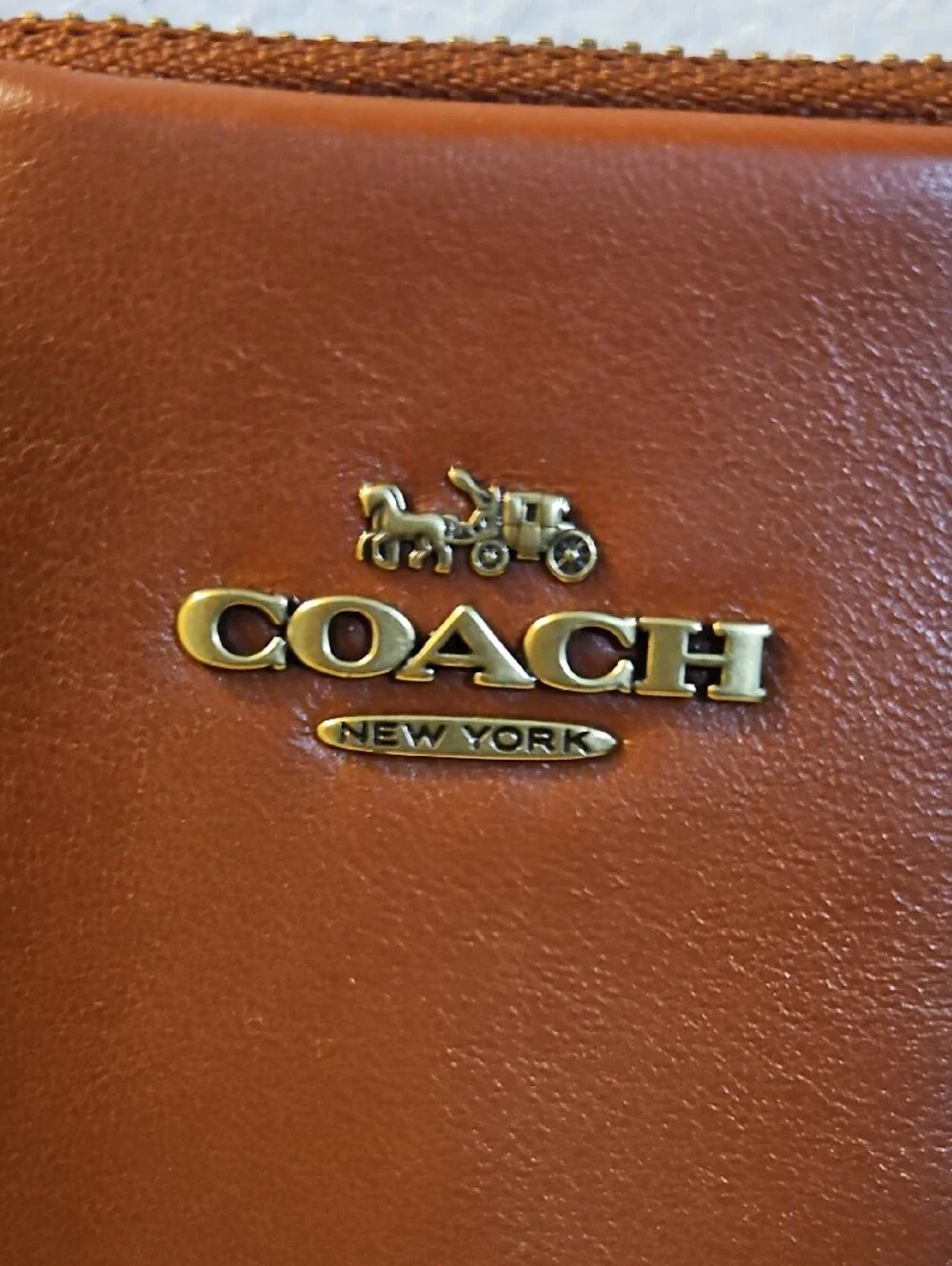 Coach Tan Signature Canvas and Rust Leather Large Wristlet, Card Slots